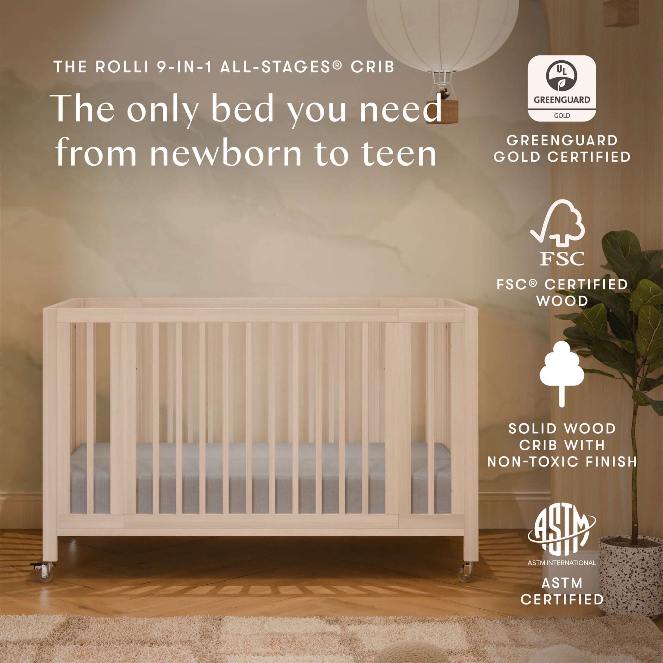 Babyletto Rolli 9-in-1 Convertible All-Stages® Crib with Bassinet & Toddler Bed Conversion Kits