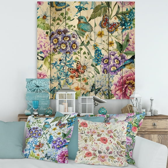 Designart 'Wildflowers and Vibrant Wild Spring Leaves XII' Modern Print on Natural Pine Wood