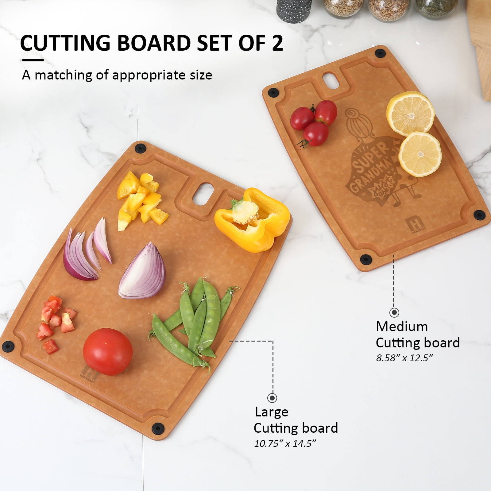 Hansmart Set of 2 Eco-Friendly Cutting Boards with Handles & Juice Grooves, Dishwasher Safe, Medium & Large