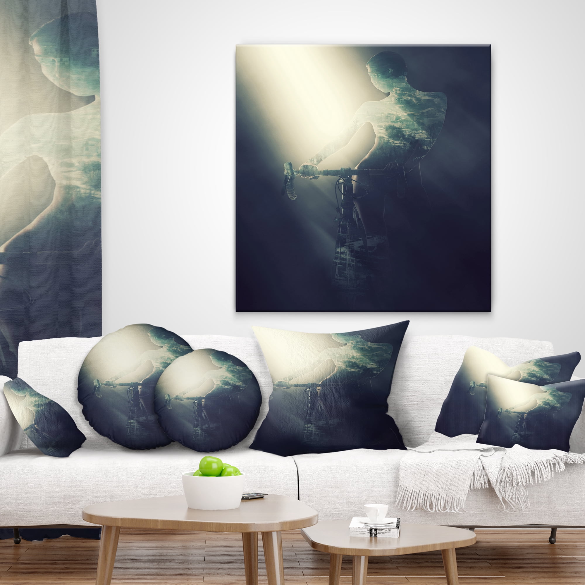 Designart Woman with Bicycle in Spotlight - Portrait Throw Pillow - 18x18