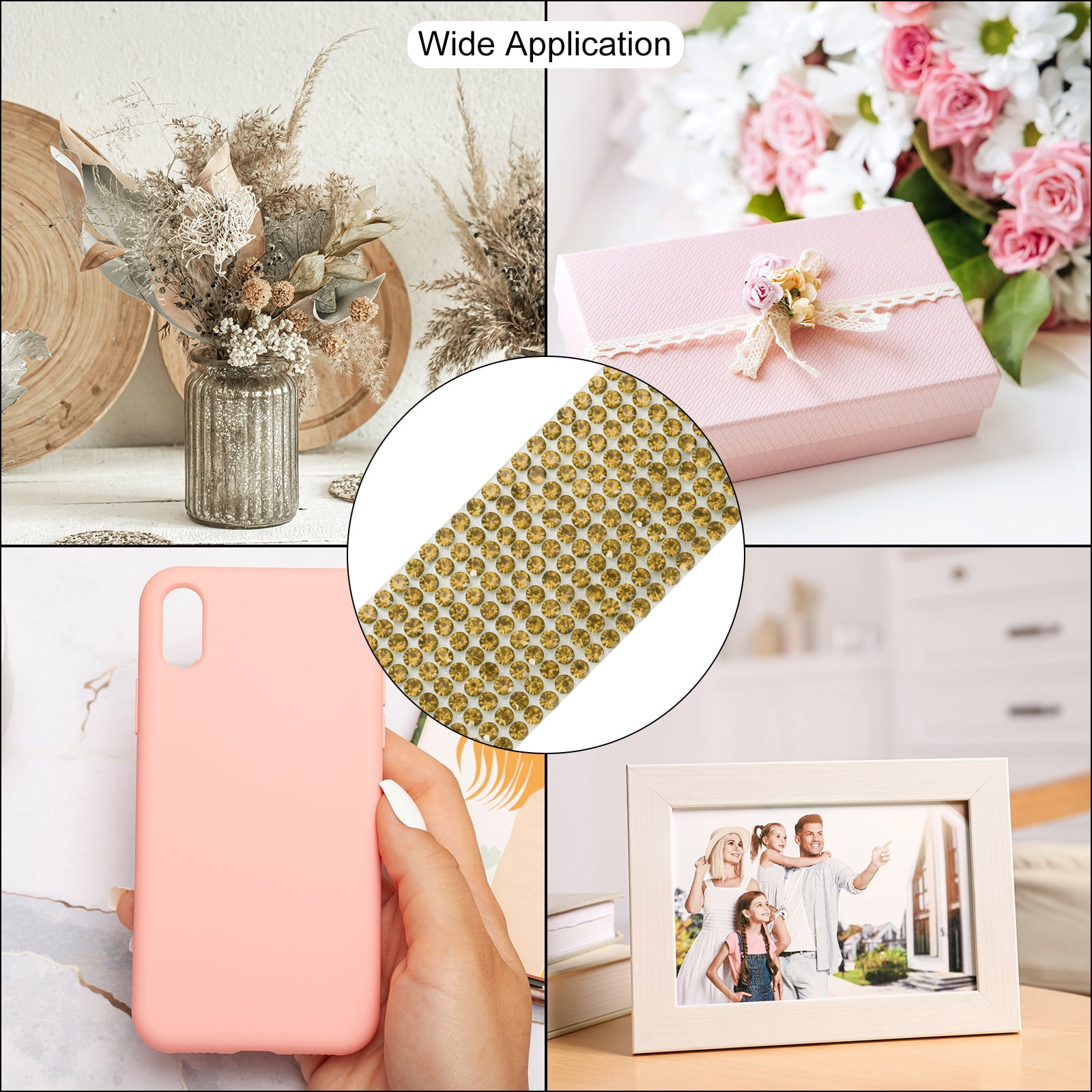 Uxcell 6 Rolls Self-Adhesive Rhinestone Ribbon for DIY Arts Crafts, Mineral Gold