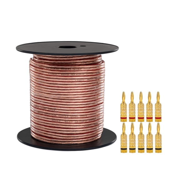 Knox Gear 16AWG Speaker Wire (100'), Gold Plated Speaker Banana Plugs (5 Pairs)