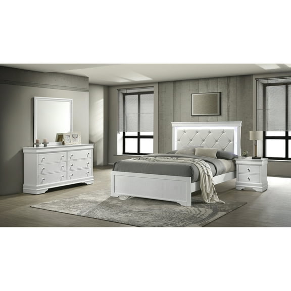 Blaze Upholstered Queen Bedroom With Led Headboard In White - 4 Piece : Bed, Dresser, Mirror, Nightstand Pc For A Modern And