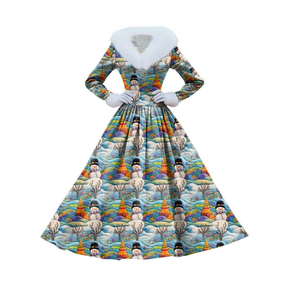 Women's Casual Dress Long-Sleeve V-Neck Patchwork Fleece Christmas Print Dress, Holiday Print, Plush Material, Retro Style, Party Wear, Comfort,Sky Blue,2XL