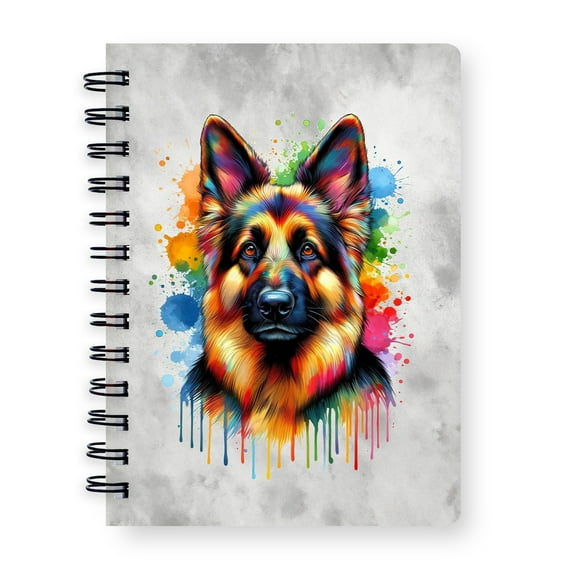 Watercolor Drip German Shepherd Pop Art Colorful Portrait Artwork Spiral Bound Journal Alsatian Dog Lover Gifts 5x7in Spiral Notebook - 01009