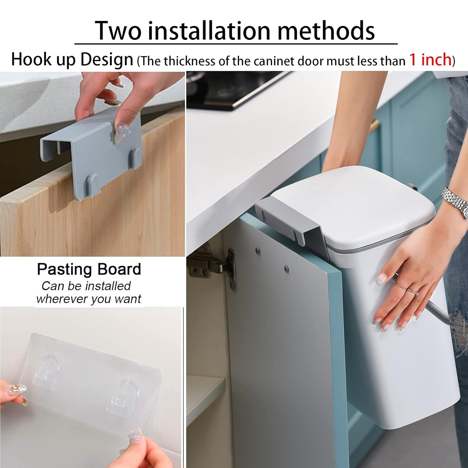 2 in 1 Kitchen Trash Can & Slide Lid, Under Sink Garbage Can, 2.4 Gal Waste Bins & Inner Barrel,Portable Hang Trash Bin, with Sticky Hook & Scraper