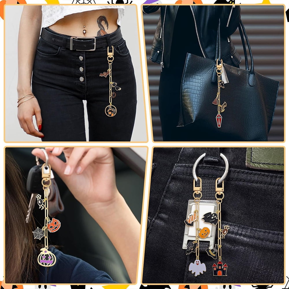 Januofit 286 Pieces Halloween Charms Keychain Making Kit Halloween Ghost Black Cat Bat Witch Hat Charms for DIY Carfts Keychains Jewelry Making Adult Party Favor Women Bag Gifts