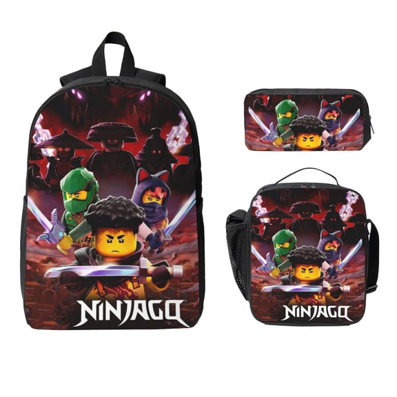 3 Piece Casual Shoulder Bookbag, Ninjago Backpack Travel Bag Knapsack with Lunch Box Pencil Case Outdoor Hiking