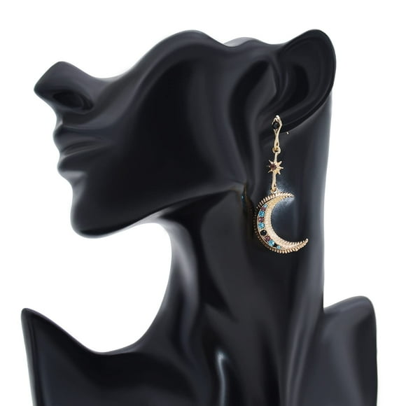 Asymétrique Soleil et Lune Drop Boucles d'Oreilles Strass Cristal Moonstone Croissant Étoile Long Stud Boucles d'Oreilles Boho Bohème pour les Femmes Filles Planète Céleste Bijoux de Noël, 3