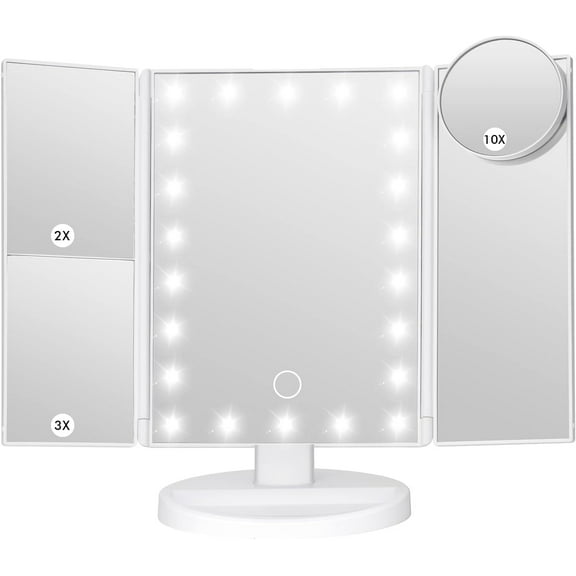 Makeup Mirror Vanity Mirror with Lights, Bathroom Adjustable Brightness Mirrors 1X/2X/3X/10X Magnification and Touch Screen Trifold Makeup Mirror Two Power Supply Modes Women Gift White