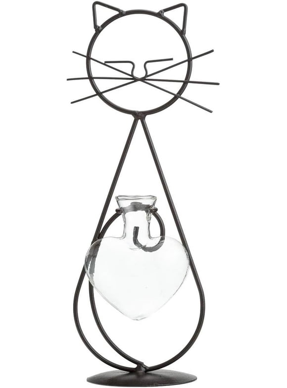 TJ Global Cat Glass with Heart Vase Planter, Plant Terrarium, Holder, Propagation Station, Metal Stand for Hydroponics Plants Home Garden Wedding Decoration Outdoor Planter Ideas Modern Creative