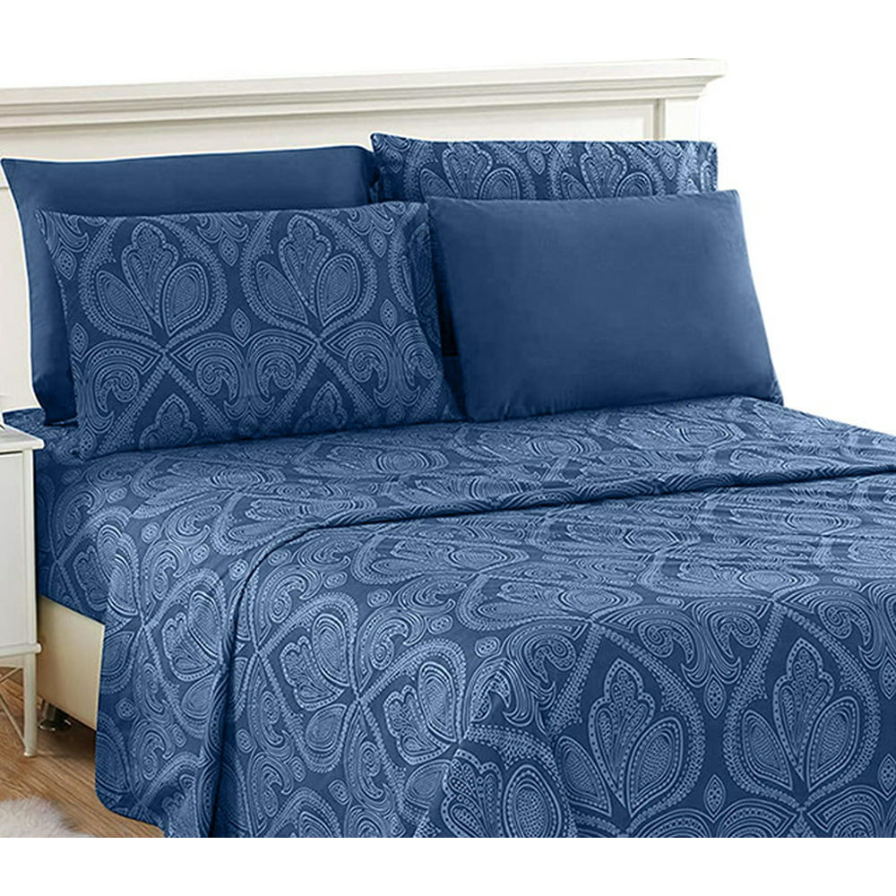 6 Piece Paisley Sheet Set Luxury Bed Sheets Queen Navy Blue Bed Sheets By Lux Decor