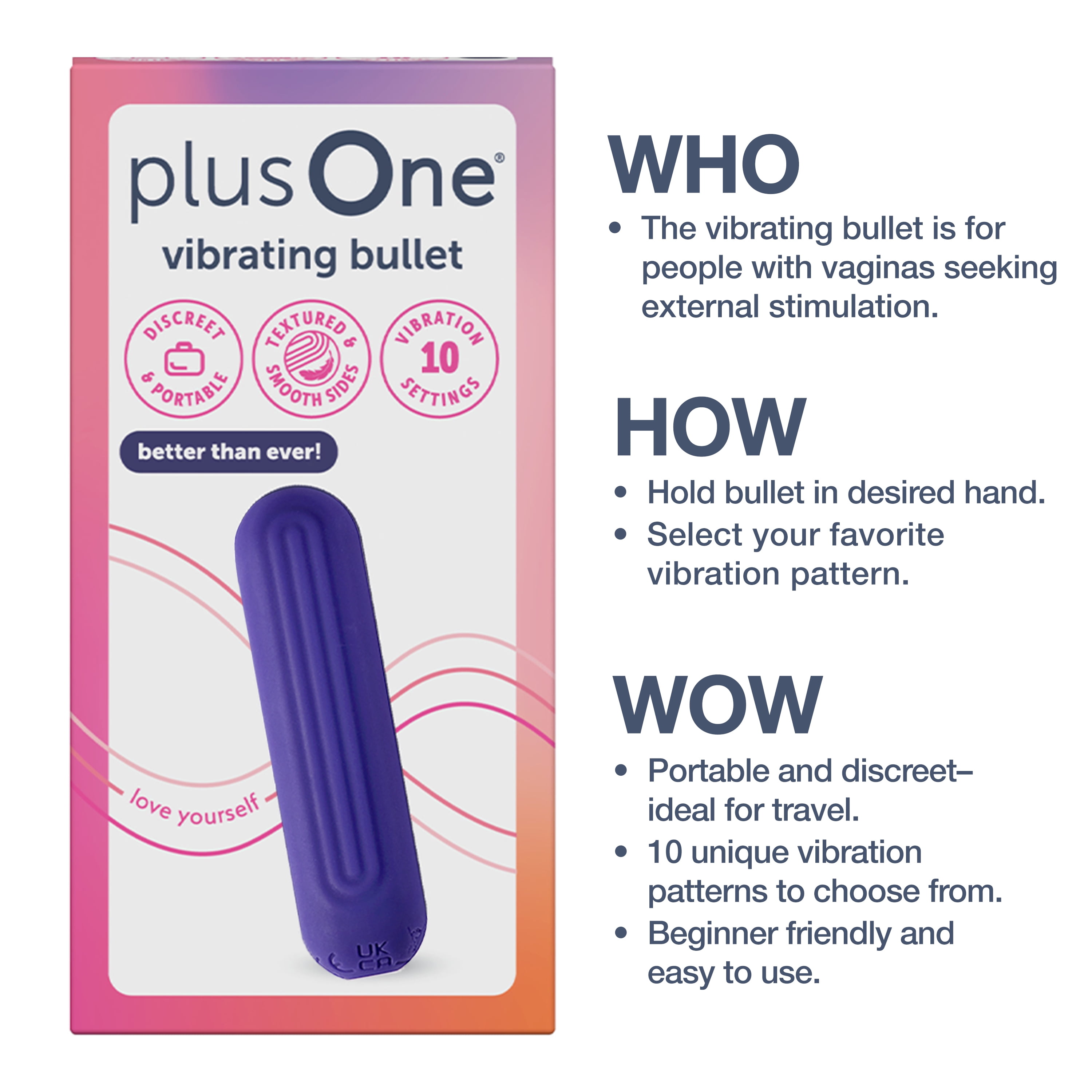 plusOne Grooved Vibrating Bullet 2.0 Soft Touch Massager, 10 Vibration Settings, Waterproof