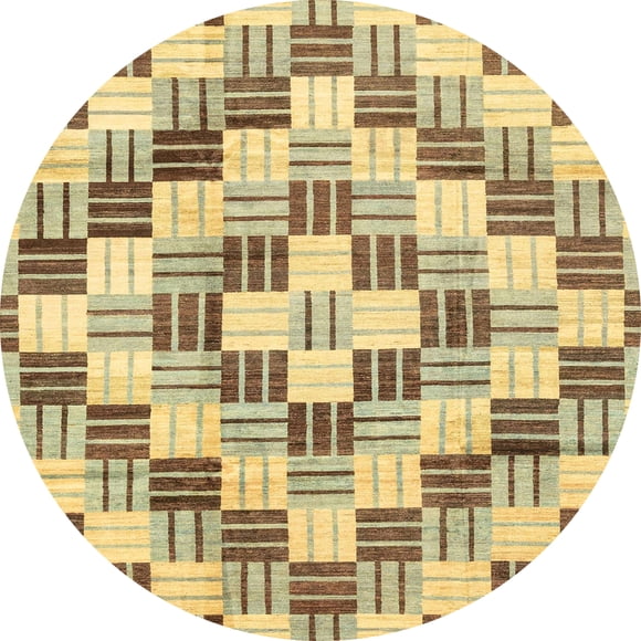 Ahgly Company Indoor Round Abstract Chrome Gold Yellow Checkered Area Rugs, 8' Round
