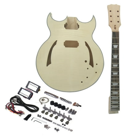 Muslady Unfinished DIY Electric Guitar Kit Semi Hollow Basswood Body Rosewood Fingerboard Maple (Best Hollow Body Guitar Under 2000)