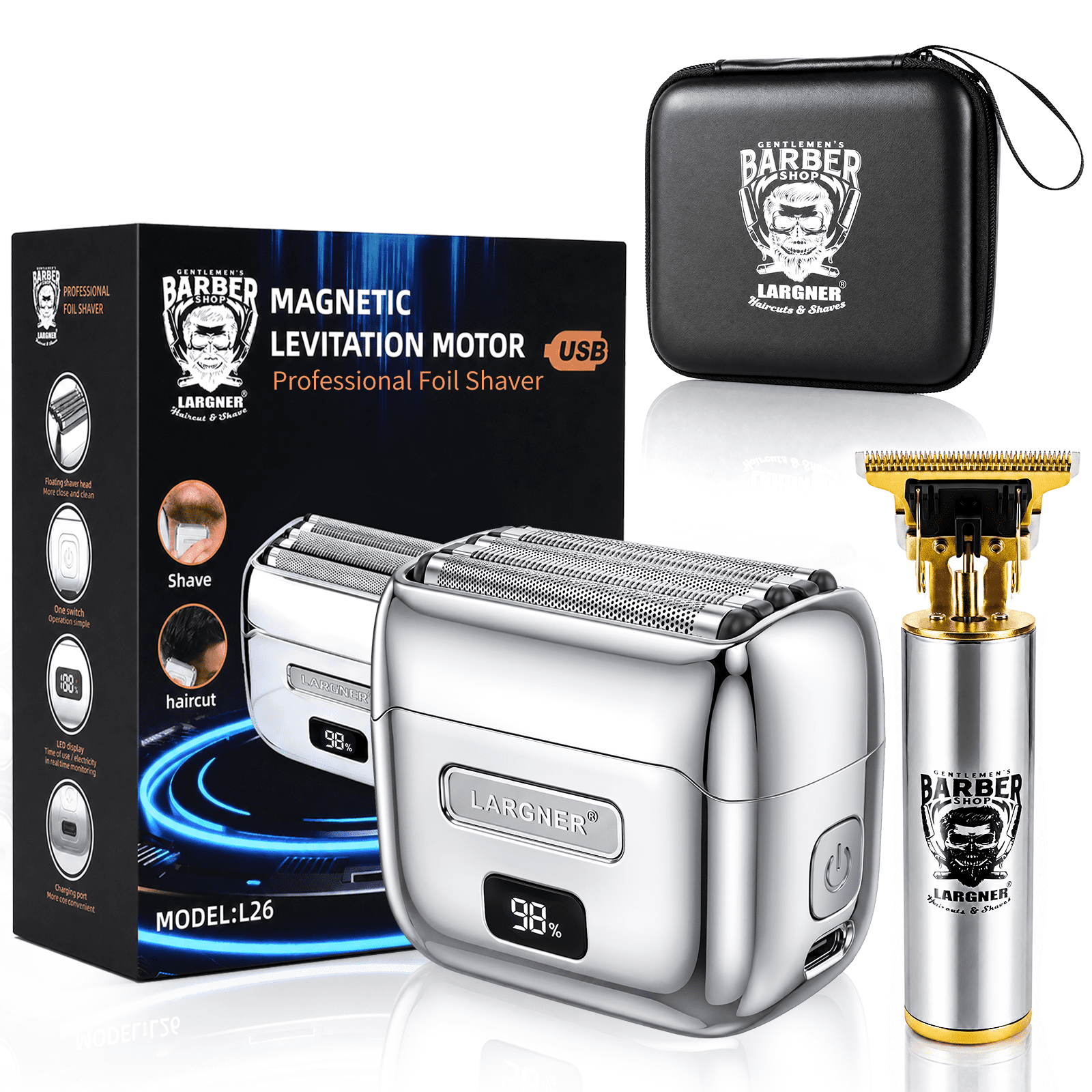 LARGNER Men's Electric Foil Shaver, 5-Blade Magnetic Motor Metal Razor for Men, IPX7 Waterproof Wet/Dry, USB-C Rechargeable Cordless Beard Trimmer & Grooming Kit with Travel Case