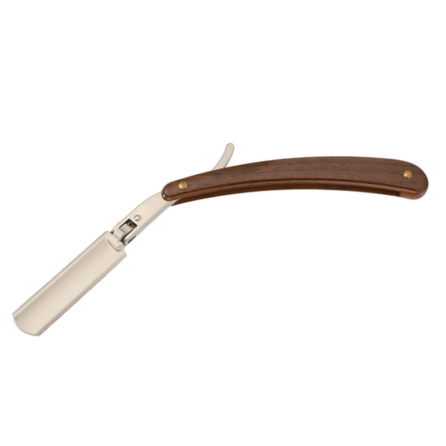 navaja de afeitar jadeshay recta profesional multicolor, vista 3/4 con hoja plegada y mango tipo clip color madera de plástico; porta cuchillas de aleación de zinc y palanca metálica visibles, cuerpo aerodinámico y compacto; a menudo usada para recortar barba y patillas, práctica para viajes.
