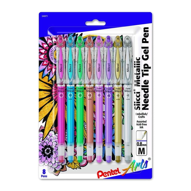 Pentel Arts Slicci Metallic Bolígrafo De Gel Con Punta De Aguja De 0,8 Mm, Colores Surtidos, Paquete De 8 (Bg208Bp8M)