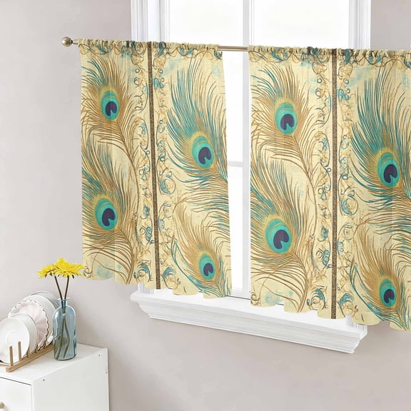 Peacock Feathers Semi Sheer Curtains 54 Inch Length 2 Panels Set, Brown Turquoise Vintage Abstract Sheer Kitchen Curtain Privacy Voile Window Curtain for Living Room Bedroom Rod Pocket Drapes
