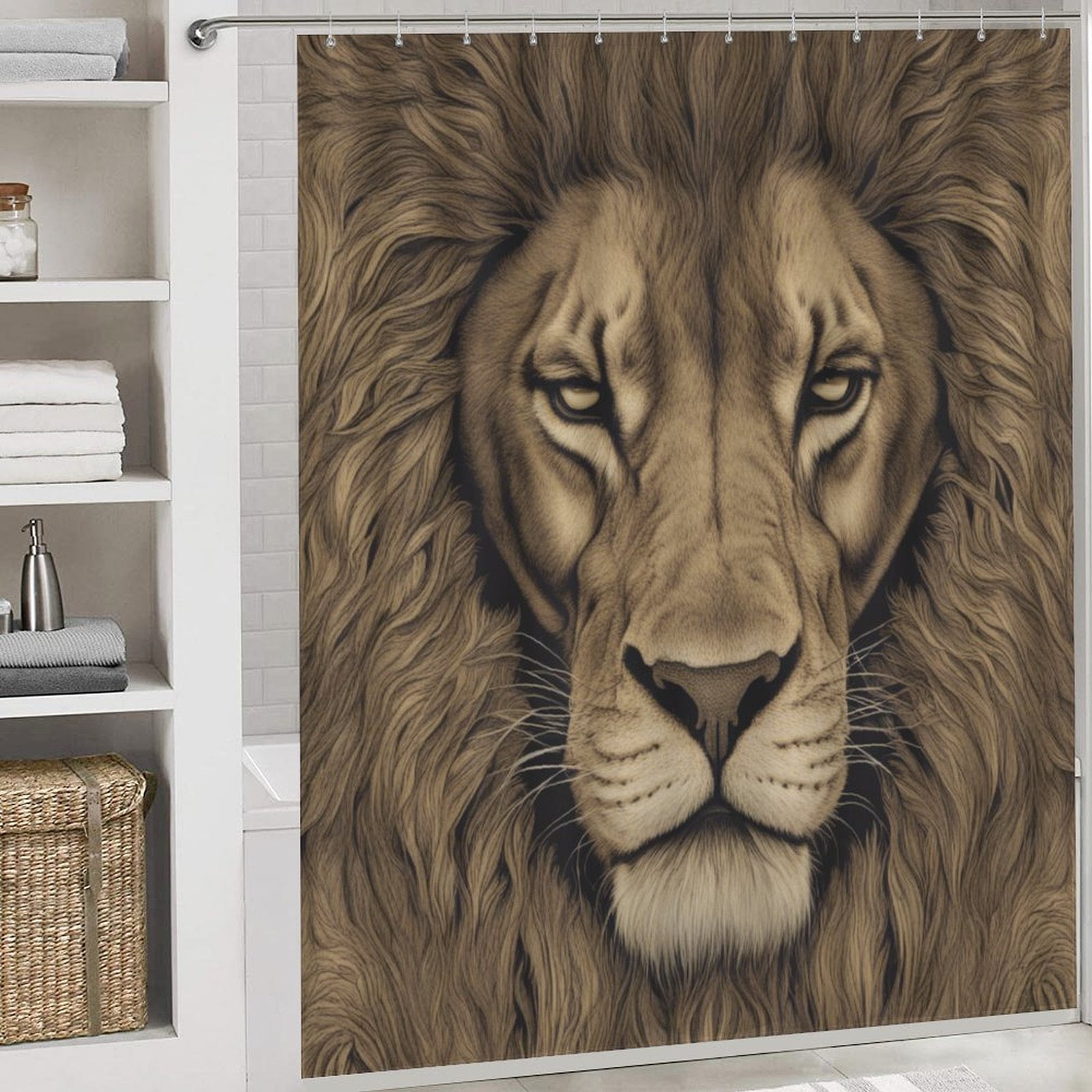 Lion Fur Pattern 4 Pcs Bathroom Shower Curtain Set, Bathroom Sets with Rugs (Bath Mat, U Shape and Toilet Lid Cover Mat) and 12 Hooks,