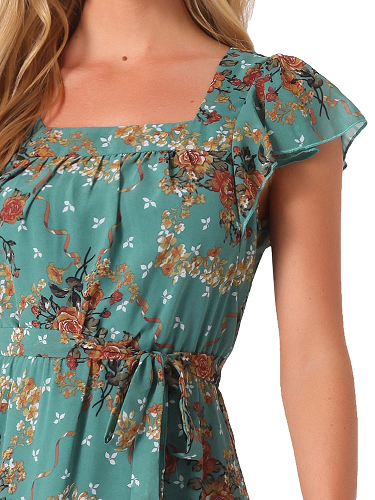 DARING DIVA Square Neck Flutter Sleeve A-Line Midi Dress XS Dark Green