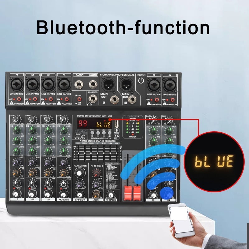 6 Channel Mixing Console 99 Effect 7 Band EQ Sound Mixer USB PC Record Bluetooth AUX DJ Controller