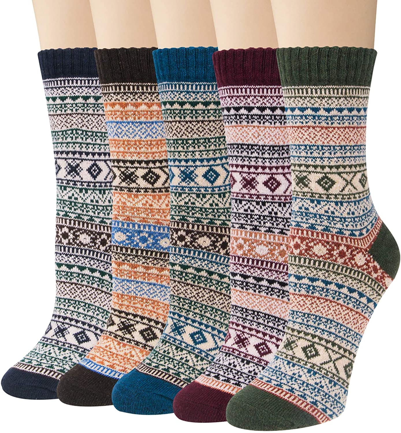 5 Pairs Womens Wool Socks Vintage Soft Cabin Warm Socks Thick Knit Cozy