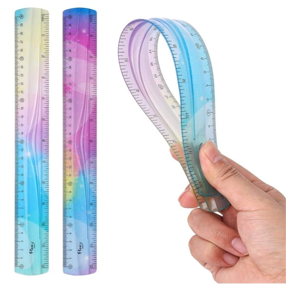 2 PCS 12 Inch Flexible Plastic Ruler,Double-Scale Straight Edge Ruler,Soft Bendable Gradient Color Ruler,Shatterproof Anti-Fall Drawing Ruler,Student Office Study Supplies