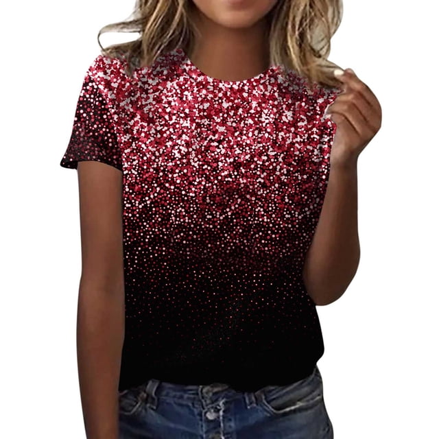 TSADFHJI Chandails pour Femmes en Coton Mode Décontractée pour Femmes Dégradé à Paillettes Imprimé Col Rond T-Shirt Ample