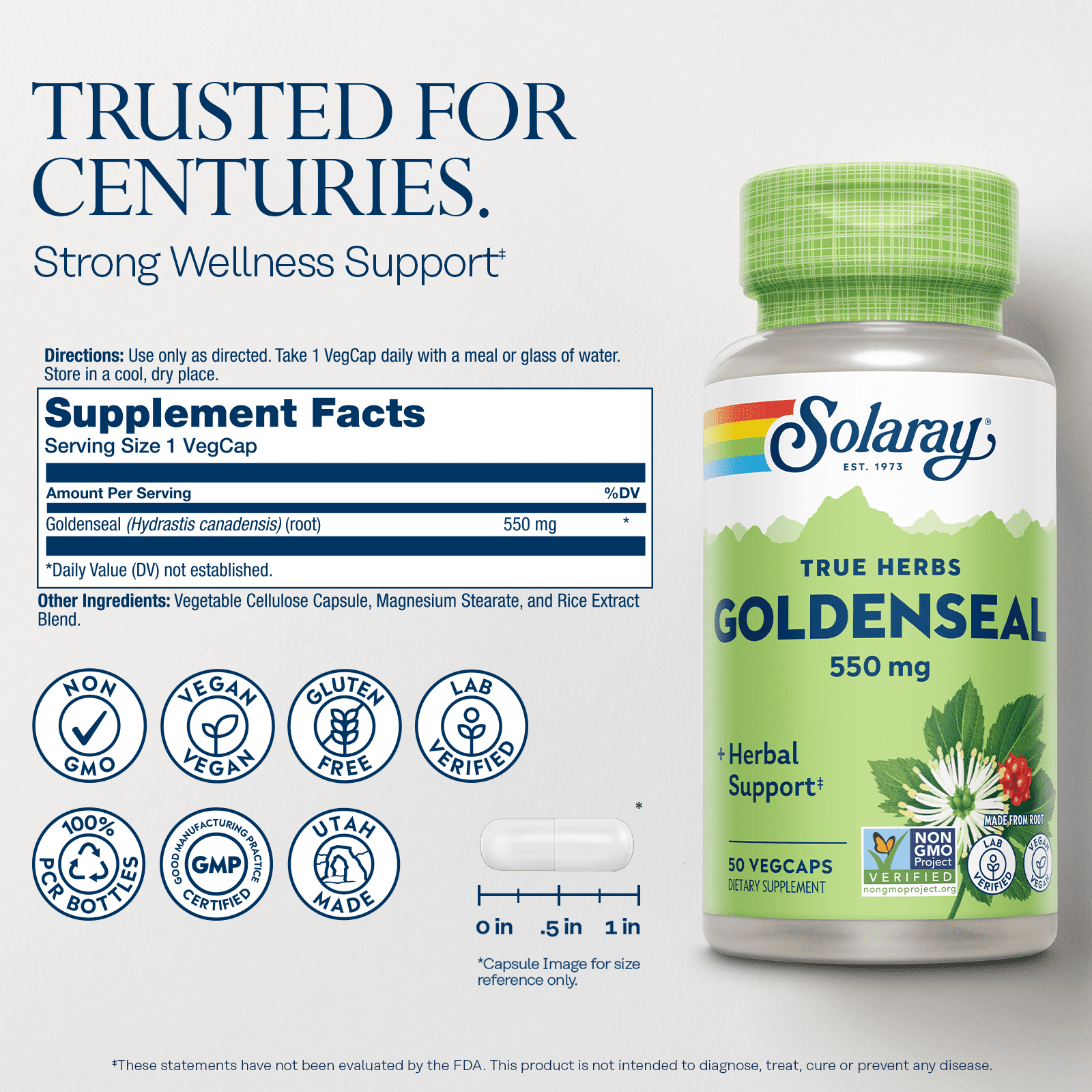 SOLARAY Goldenseal Root 550mg - Golden Seal Capsules - Herbal Supplements for Wellness Support - Non-GMO, Vegan, Gluten Free, Lab Verified, 60-Day Money Back Guarantee, 50 Servings, 50 VegCaps