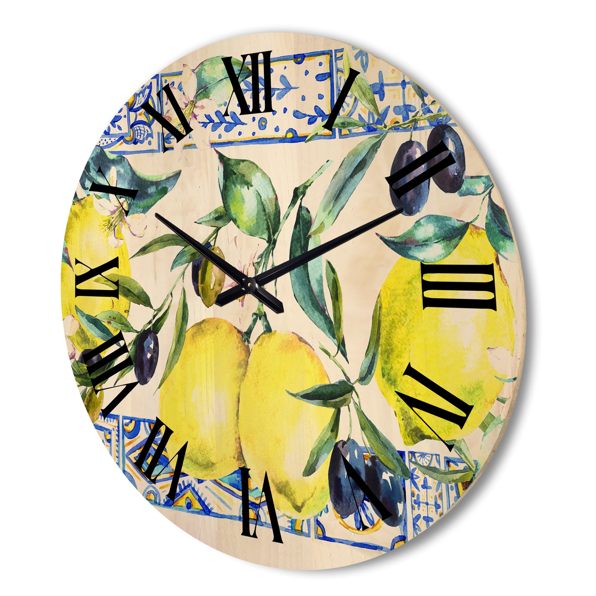 Designart 'Geometrical Pattern of Lemon Ornament On Blue II' Tropical Wood Wall Clock