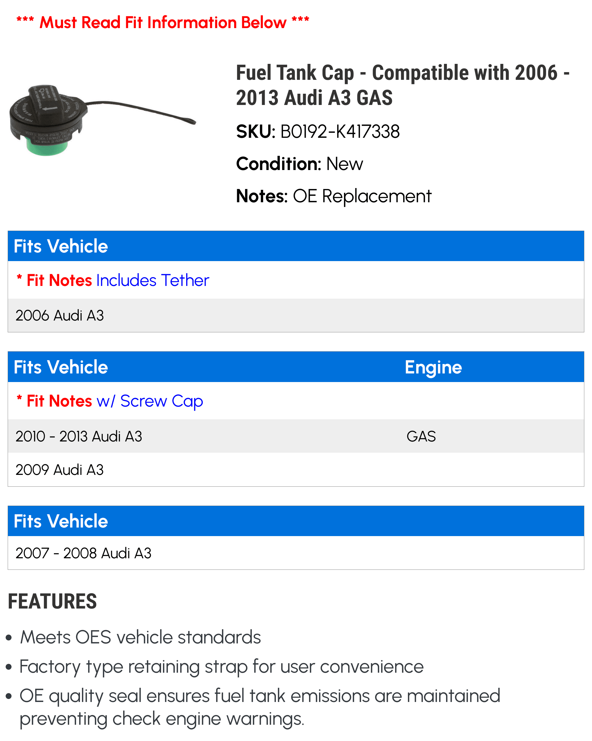 Fuel Tank Cap - Compatible with 2006 - 2013 Audi A3 GAS 2007 2008 2009 2010 2011 2012