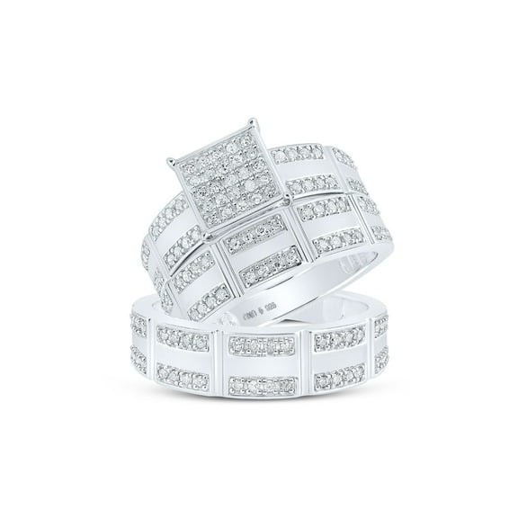 Sterling Silver His Hers Round Diamond Square Matching Wedding Set 1/2 Cttw