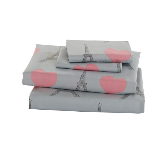 MK Home 4pc Full Size Sheet Set for Girls Paris Bedding Eiffel Tower Pink Grey New