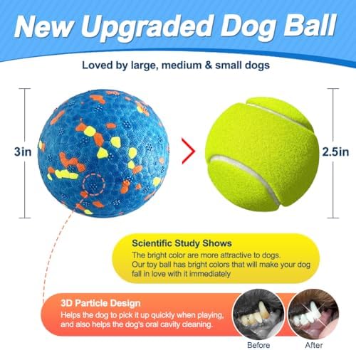 Dog Balls, Dog Tennis Balls for Aggressive Chewers, 3'' Durable Teething Chew Toys & Floating Water Toy, Interactive Fetch Ball for Medium/Large Dogs (3 Pack)