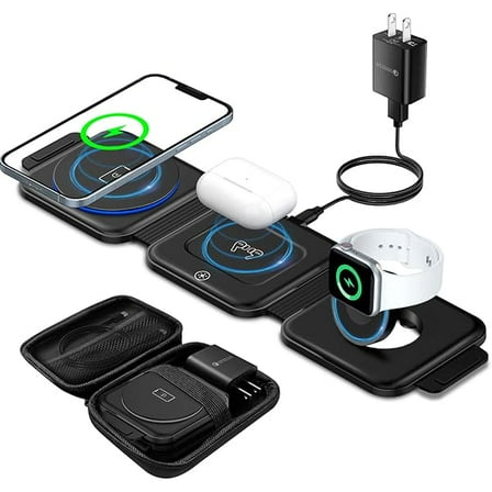 Wireless Charger 3 in 1 with Adapter and Travel Case,Fast Wireless Charging Station,Wireless Charging Pad Compatible with iPhone 14/13/12/11 Series,AirPods 3/2/Pro 2/Pro,iWatch Ultra/8/7/6/5/4/3/2/SE