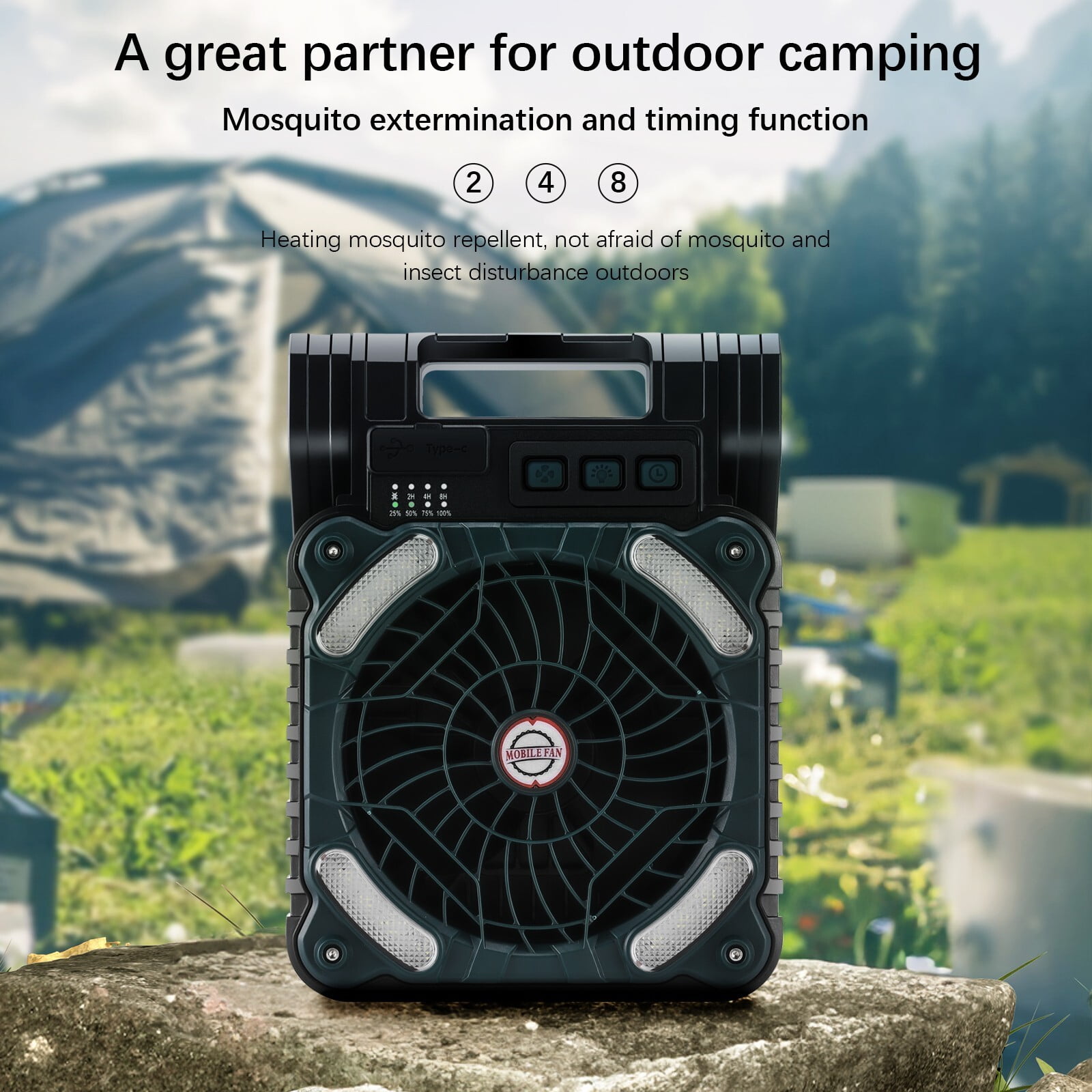 Solar Camping fan, Camping Fan with Solar Panel, LED Ligh, 4 Speeds USB Rechargeable Solar Powered Fan for Camping Fishing Travel