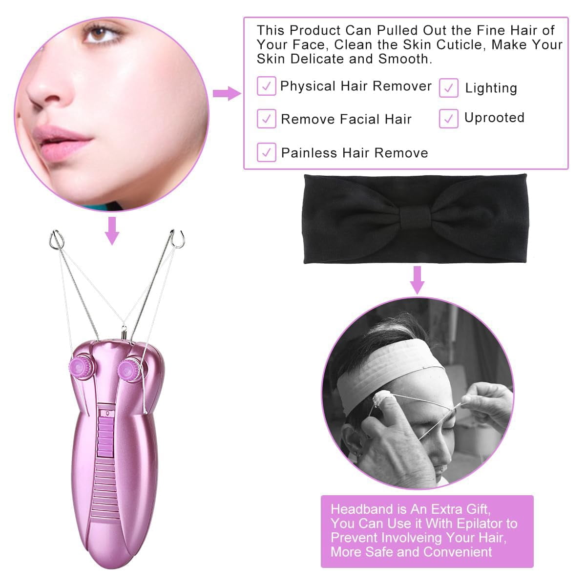 Ladies Facial Hair Remover Electric Women's Beauty Epilator Facial Threading Hair Removal Shaver Face Massager Pull Faces Delicate Device Depilation -Birthday Christmas Day Present(Purple)