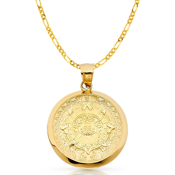 14K Yellow Gold Calendario Azteca Charm Pendant with 3.1mm Figaro 3 1 Chain Necklace