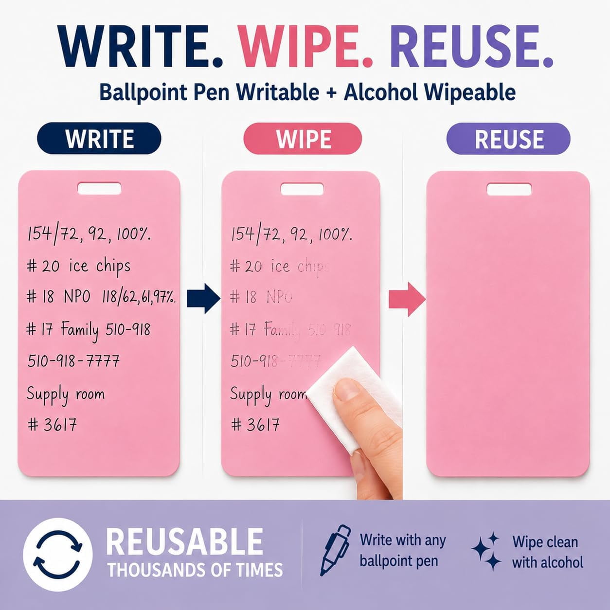 Erasable Badge Note, Erasable Silicone Badge Note, Ballpoint Pen Write & Alcohol Erasure, Reusable ID Card Badges Reel Notepad, Portable Quick Note Taking Pad for Nurses, Doctors (4pcs, Vertical)