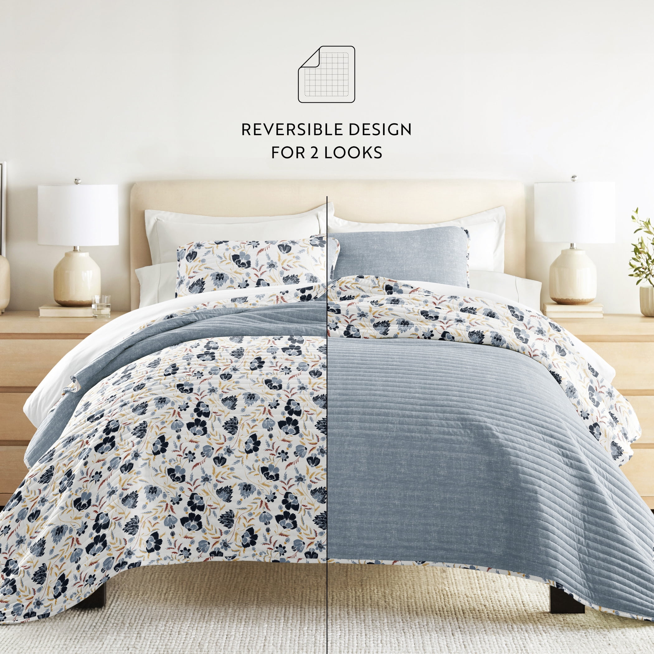 Noble Linens 3-Piece Light Blue French Jacobean Reversible Quilt Set, King