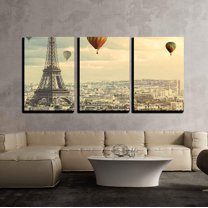 wall26 - 3 Piece Canvas Wall Art - Colorful Hot Balloons Flying Above The Eiffel Tower in Paris - Modern Home Art Stretched and Framed Ready to Hang - 16"x24"x3 Panels