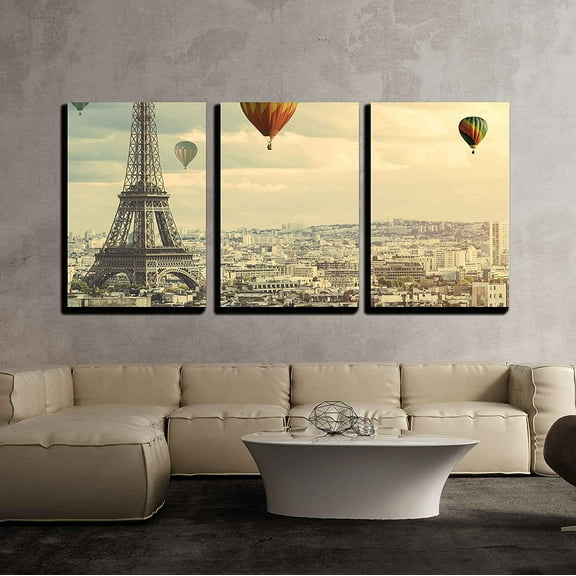 wall26 - 3 Piece Canvas Wall Art - Colorful Hot Balloons Flying Above The Eiffel Tower in Paris - Modern Home Art Stretched and Framed Ready to Hang - 16"x24"x3 Panels