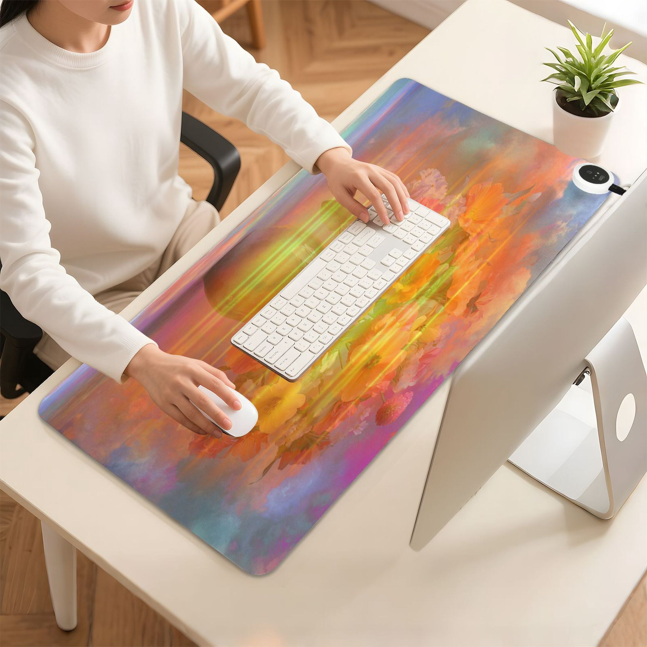 Large Heated Desk Mat Mouse Pad 31.5"x13"PU Leather Graphene Heating Desk Warmer with 3 Temperature Settings 110V US Plug Non-Slip Warm Pad for Home, Office, and Gaming Vivid Flowers in A Vase