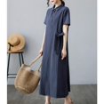 thumbnail image 4 of Aimik Women's Short Sleeve Turndown Collar Solid Color Cotton-Linen Long Dress with Buttons Summer Loose Casual Dress, 4 of 6