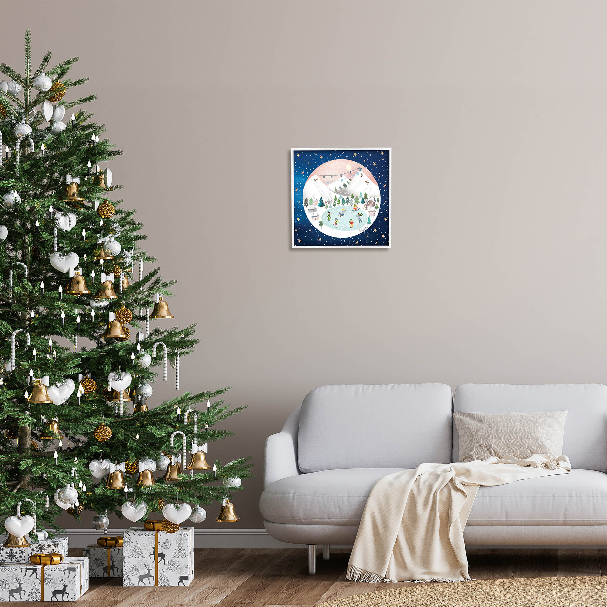 Stupell Industries Ice Skating Christmas Snow Scene Holiday Painting White Framed Art Print Wall Art