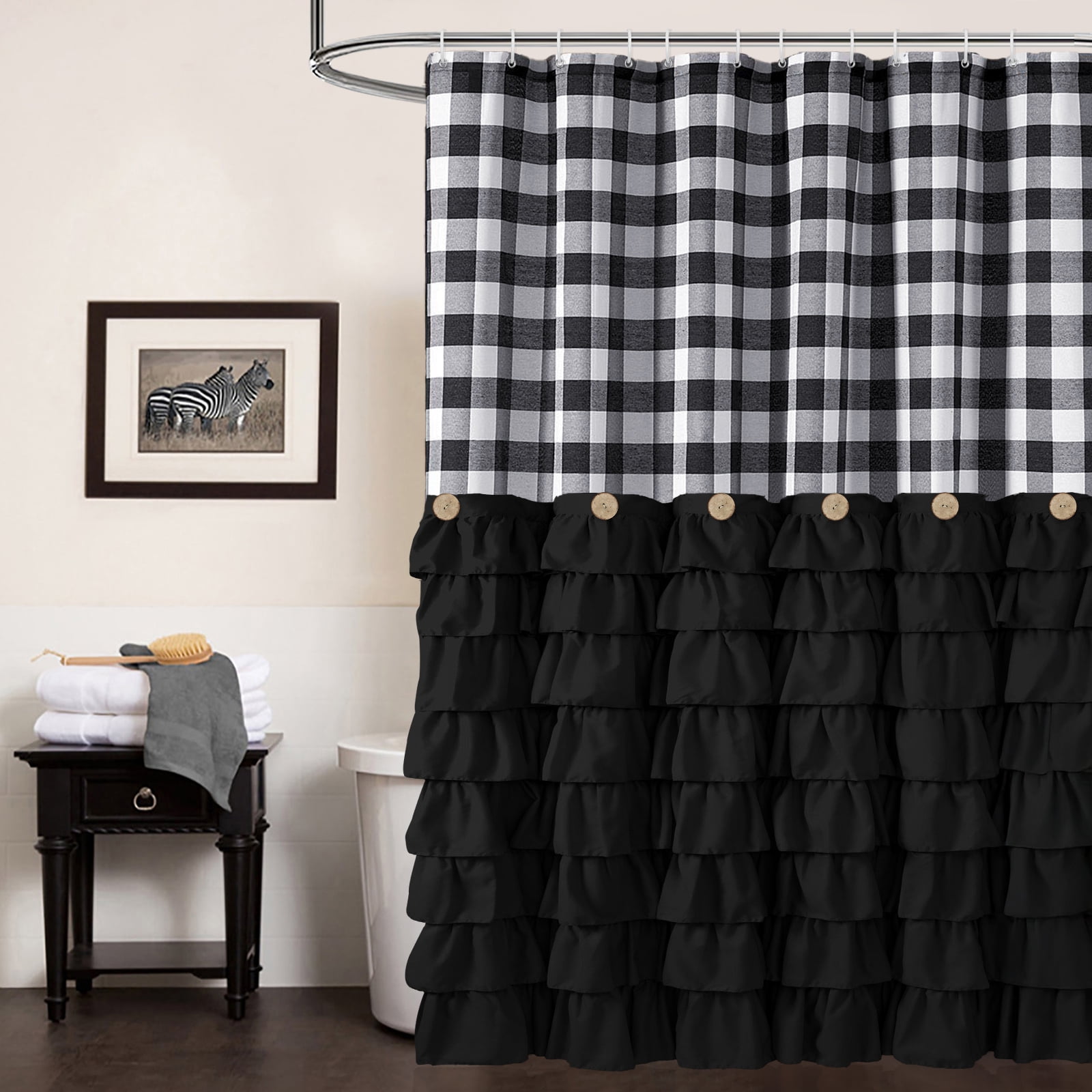 Farmhouse Shower Curtain Black and White Buffalo Plaid Pattern Fabric with Buttons & Black Ruffles 72"x72"