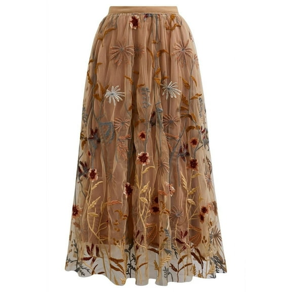 CHICWISH Women Floral Embroidered Tulle Skirt Flare A Line High Elastic Waist Mesh Double-Layered Midi Skirt Camel