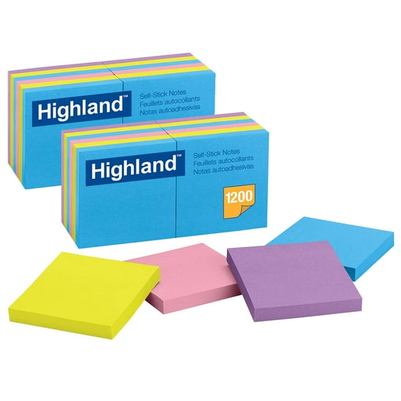Highland Self-Stick Removable Notes, 3" x 3", Assorted Colors, 12 Pads/Pack, 2 Packs