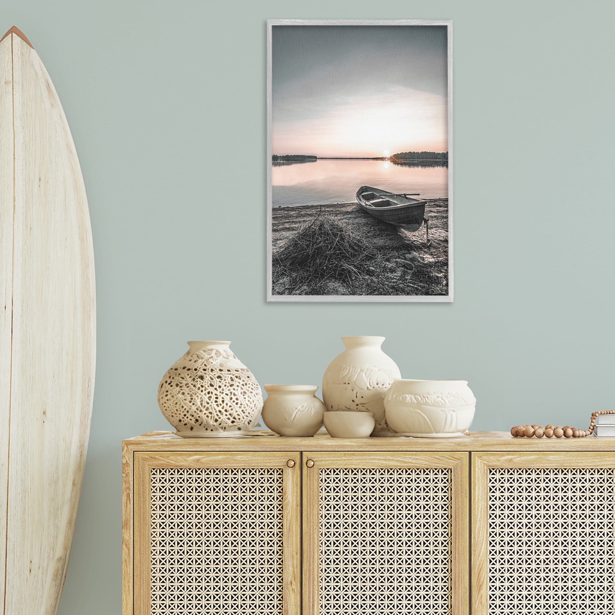 Stupell Industries Deserted Canoe on Shore Landscape Photography Gray Framed Art Print Wall Art, 20 x 30
